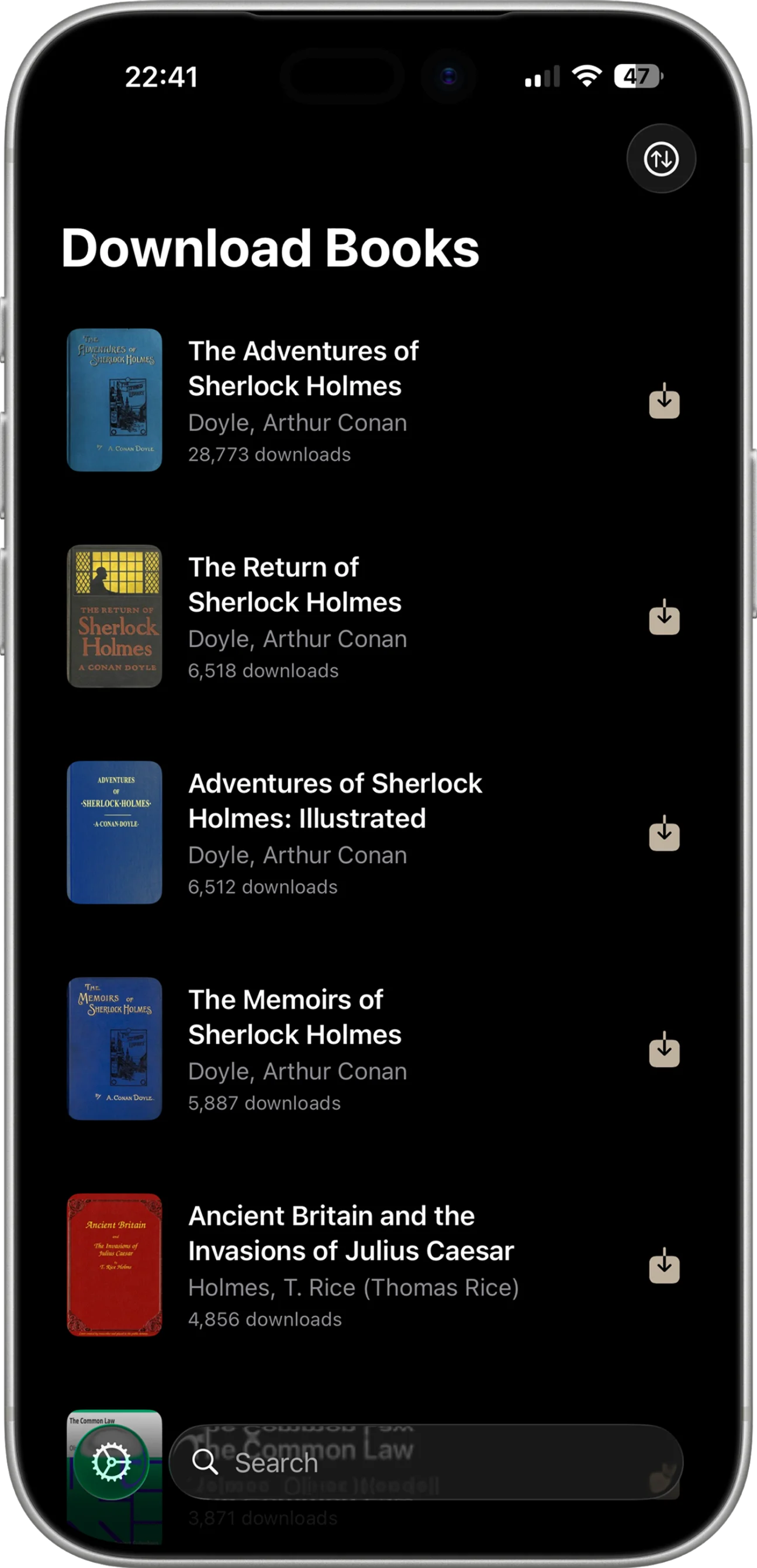 Zen screen to download copyright-free books from Project Gutenberg